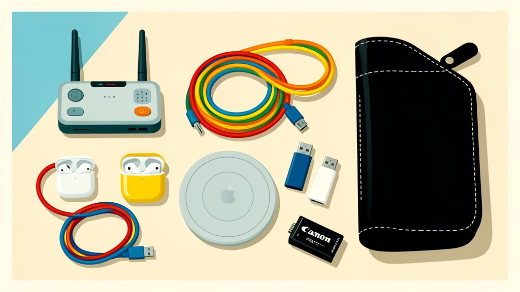 Hockney-style illustration of our travel tech kit